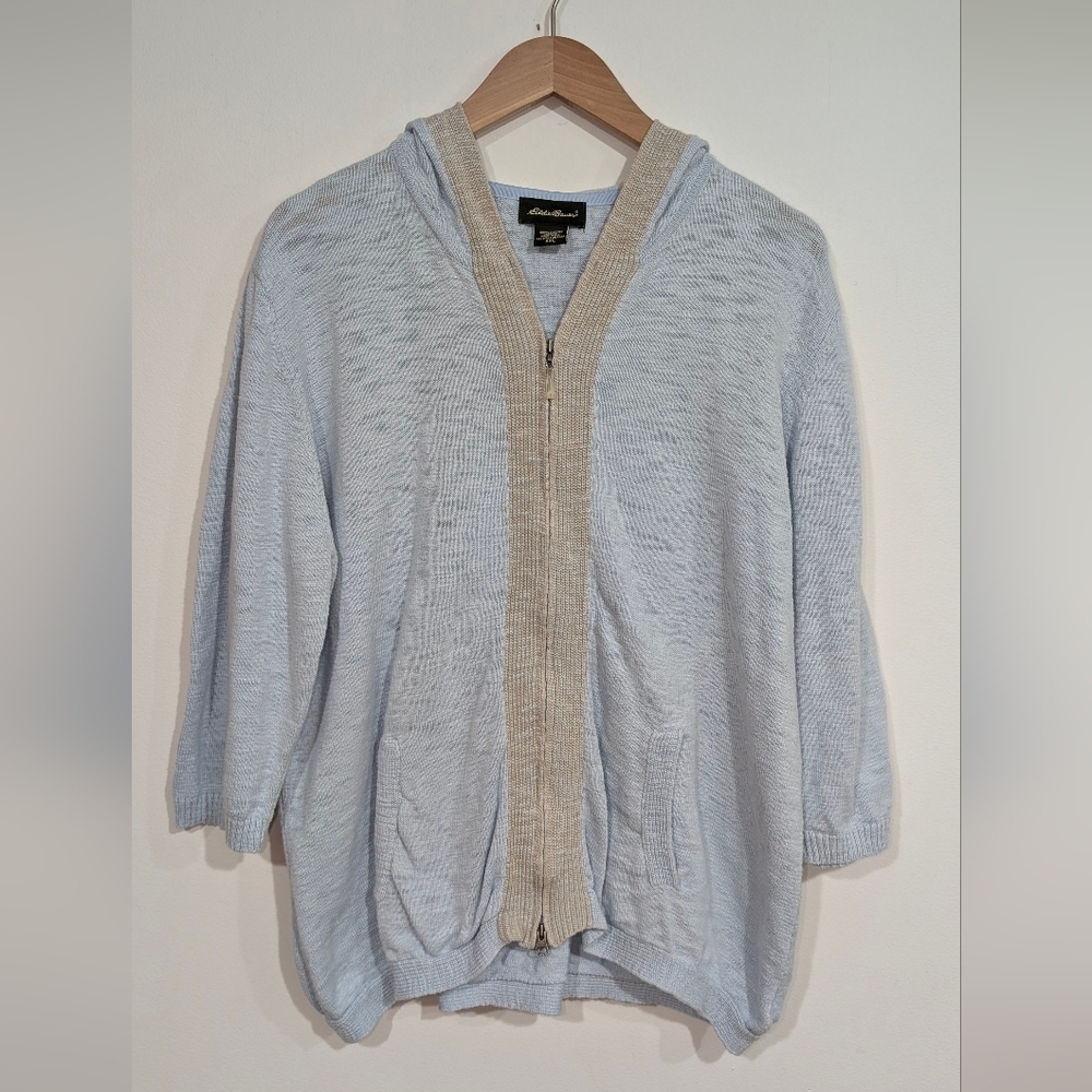 Eddie Bauer Women's XXL Light Blue 100% Cotton Half Sleeve Zip Cardigan Jacket